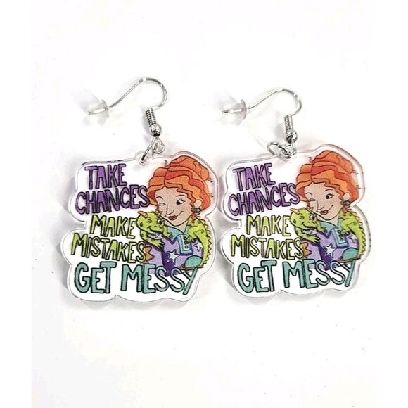 Miss Frizzle Magic School Bus Take Chances Get Messy Acrylic Dangle Drop Earring - Picture 1 of 5